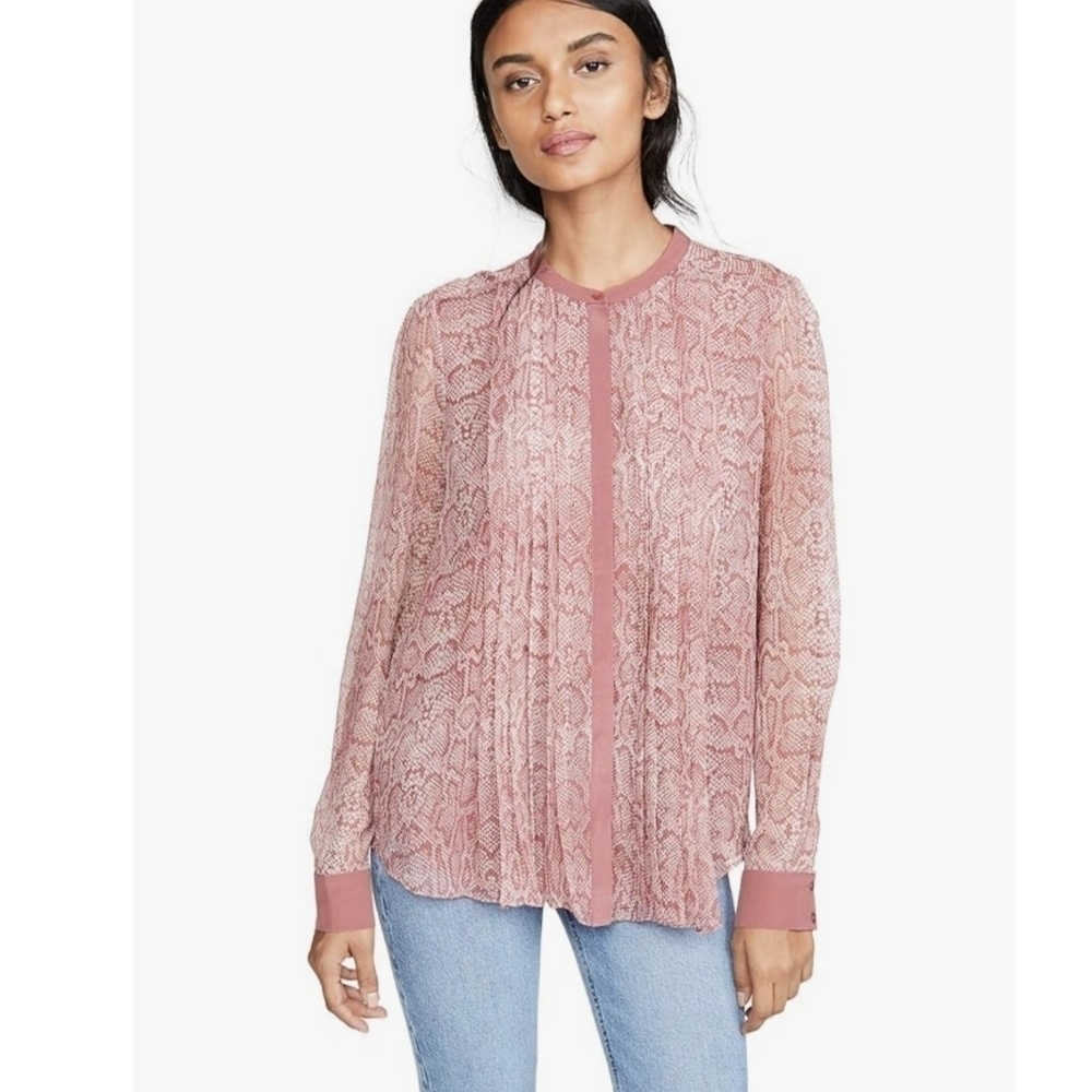 JOIE Tassa Laurel Pink Snake Print Crinkle Silk Pleated Blouse Top